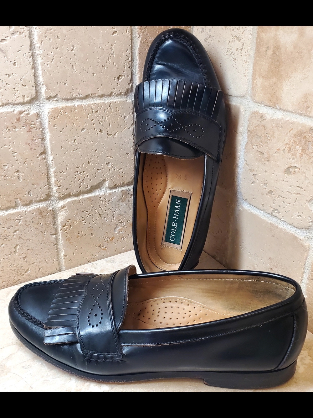 Cole Haan Men's Black Leather Kiltie Penny Loafers Size 7.5